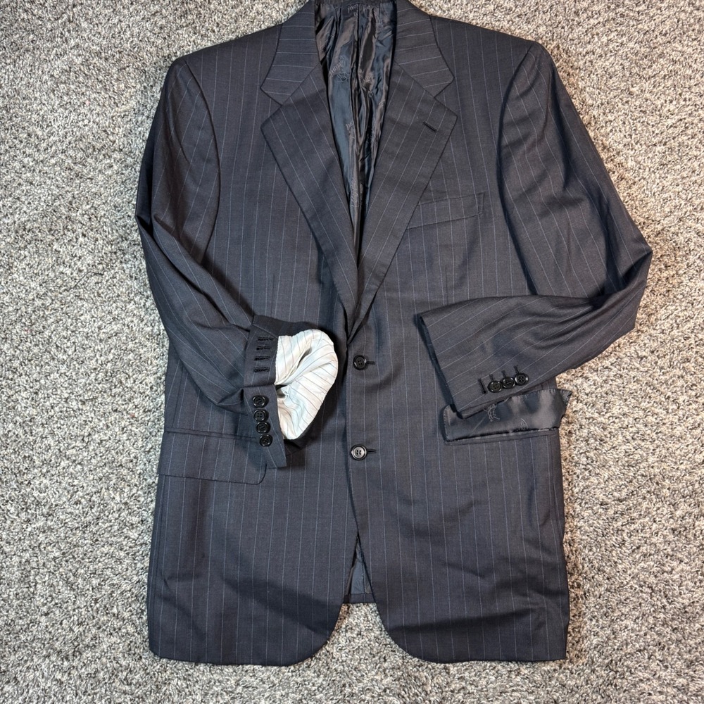 Brioni Senato Mens 40R Black Blue Pinstriped Wool Blazer Jacket Size 50 R Italy